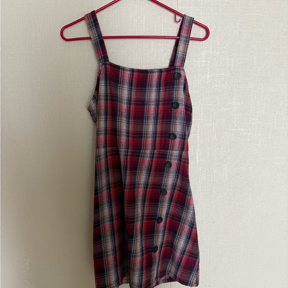 Plaid Grunge Pinafore Mini Dress — Red Check, Button Details + Zipper